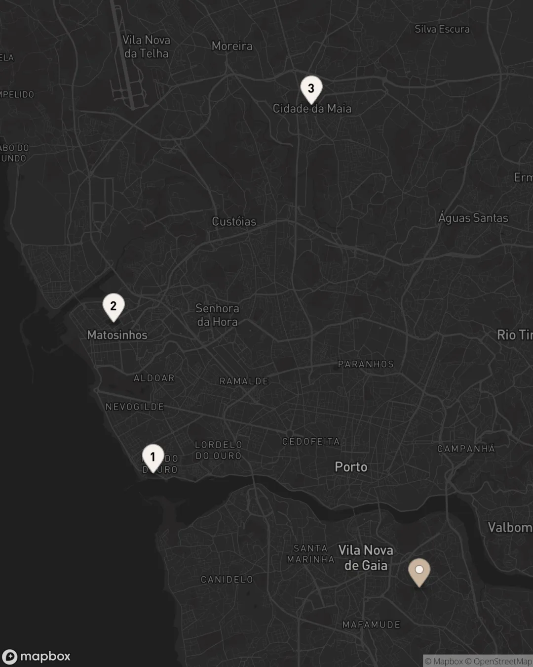 Mapa do Grande Porto com o estúdio Lari Wendler Beauty em Vila Nova de Gaia e as zonas 1 Foz do Douro, 2 Matosinhos e 3 Maia