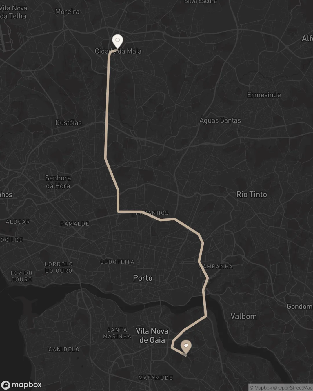 Mapa do percurso de carro entre o estúdio Lari Wendler Beauty, em Vila Nova de Gaia, e o centro da Maia, pela VCI e pela Nacional 14