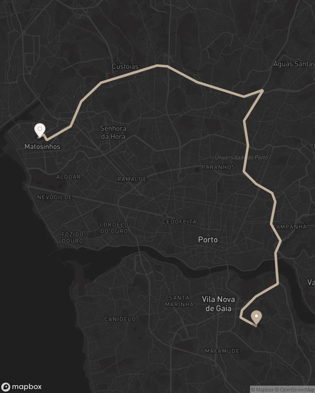 Mapa do percurso de carro entre o estúdio Lari Wendler Beauty, em Vila Nova de Gaia, e o centro de Matosinhos, pela VCI